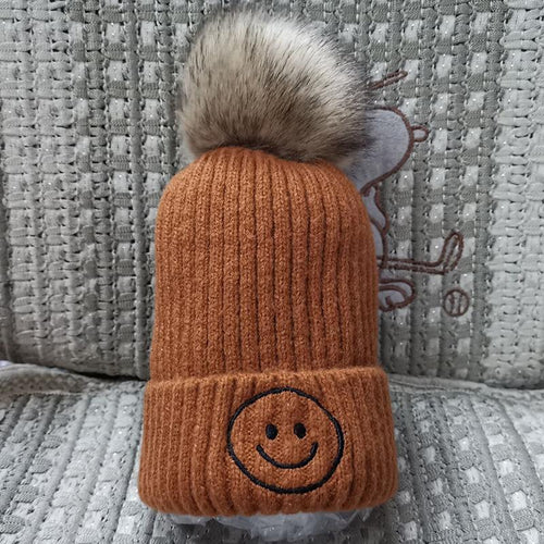 Smiley Pom Pom Baby Winter Cap - Brown
