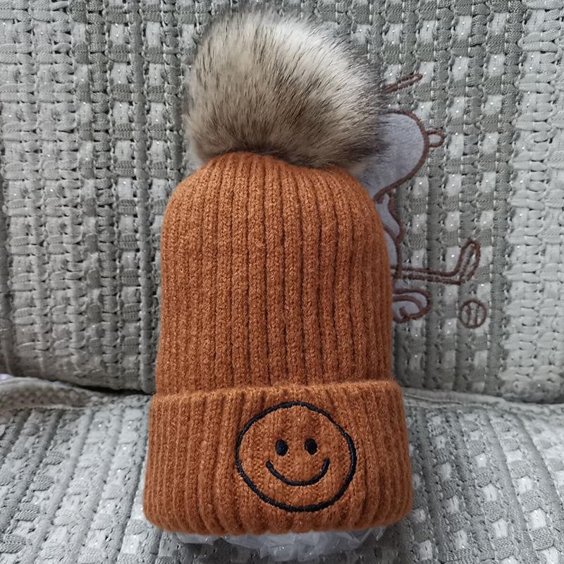 Smiley Pom Pom Baby Winter Cap - Brown