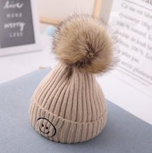 Load image into Gallery viewer, Smiley Pom Pom Baby Winter Cap - Tan
