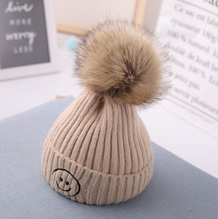Smiley Pom Pom Baby Winter Cap - Tan