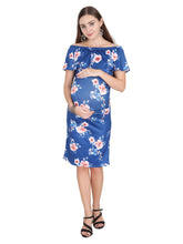 Load image into Gallery viewer, Floral Navy Blue Off Shoulder Maternity Dress-Front View