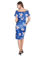 Load image into Gallery viewer, Floral Navy Blue Off Shoulder Maternity Dress-Back Side View