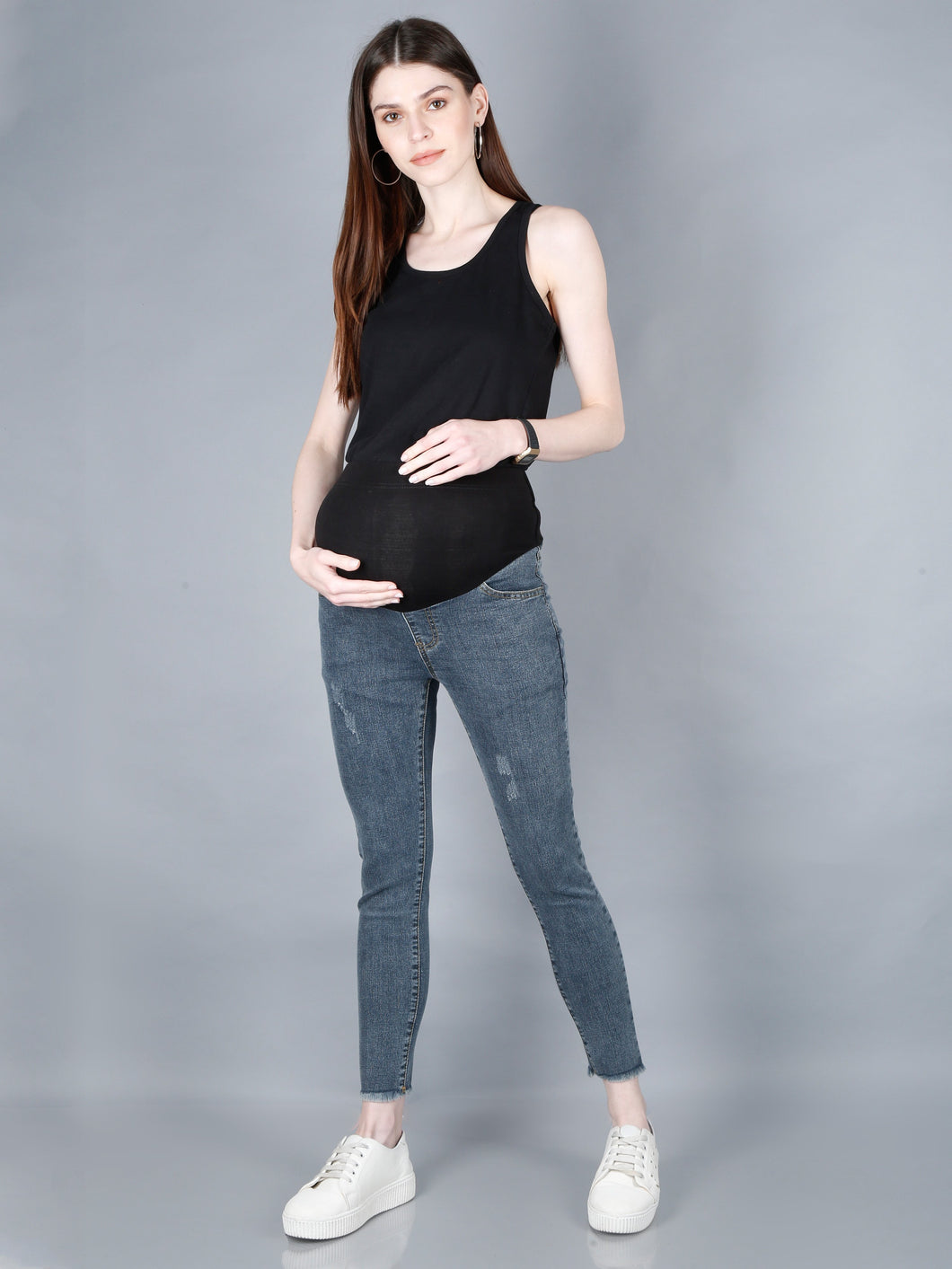 Roughed Black Denims with Belly Support