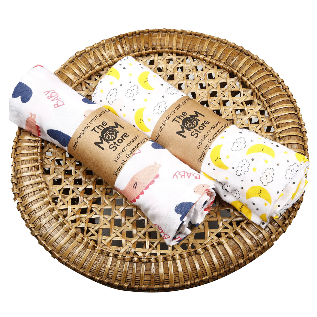 Muslin Swaddle Wrap - Baby Dino, Moon And Stars