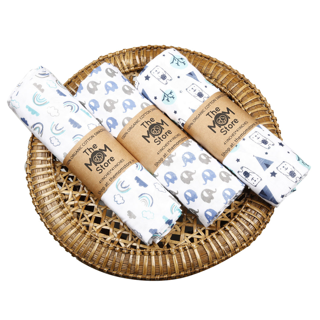 Muslin Swaddle Wrap - Happy Rainbow, Mumbo Jumbo, Blue Forest