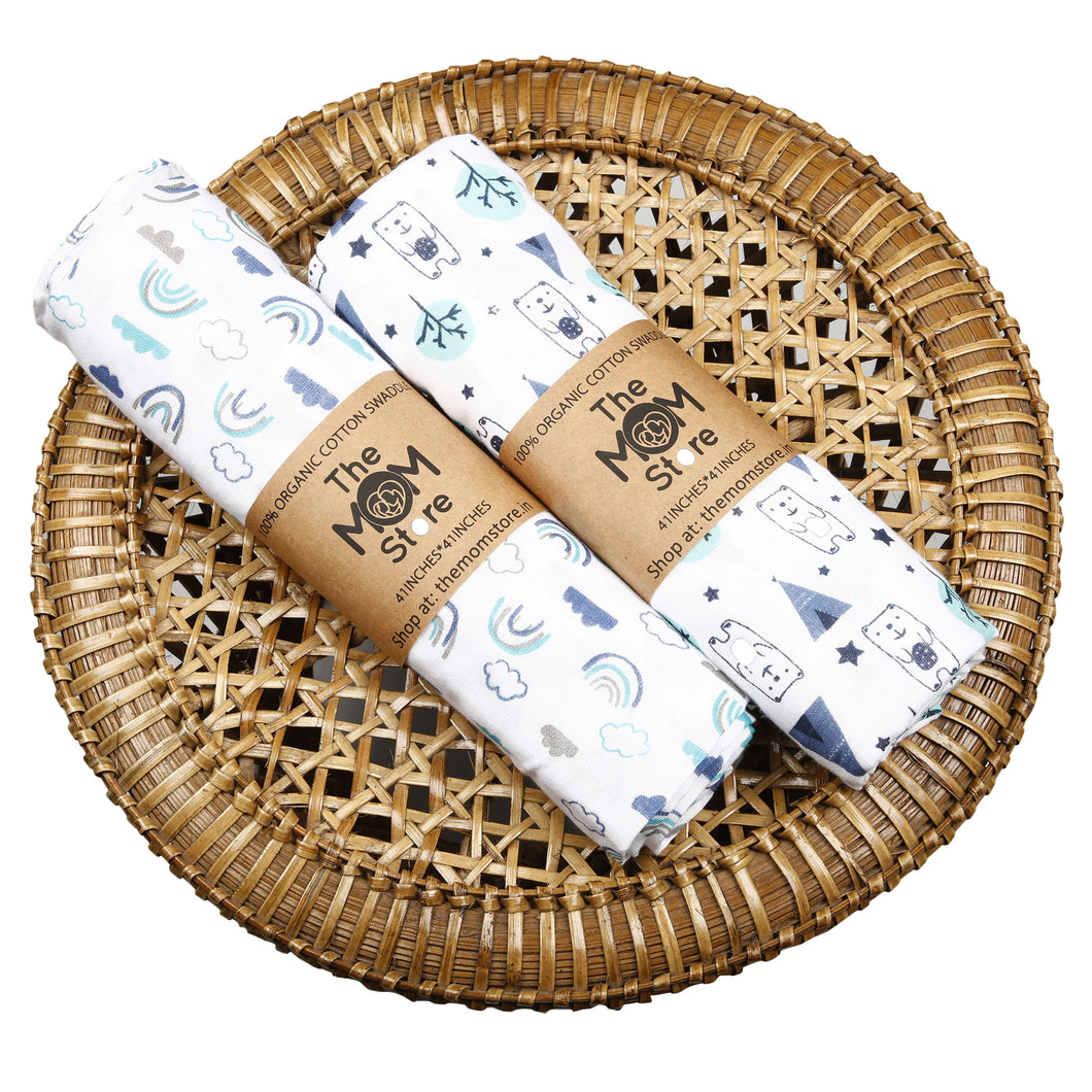 Muslin Swaddle Wrap - Happy Rainbow, Blue Forest