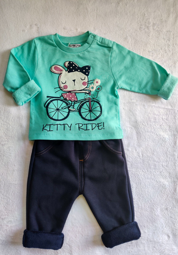 Fleeced Lined Winter Sweatshirt And Trouser Set- Kitty Ride And Navy Blue Trouser