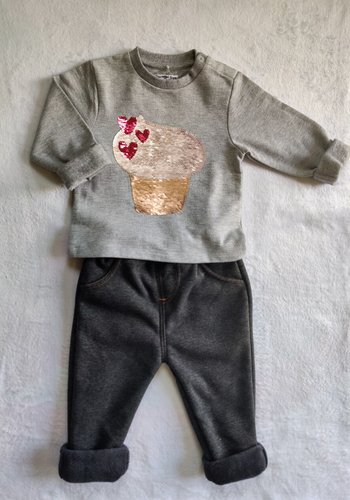Fleeced Lined Winter Sweatshirt And Trouser Set- Sweet Like A Cupcake And Grey Trouser