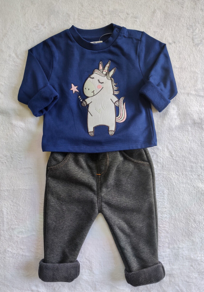 Fleeced Lined Winter Sweatshirt And Trouser Set- Magical Unicorn And Grey Trouser