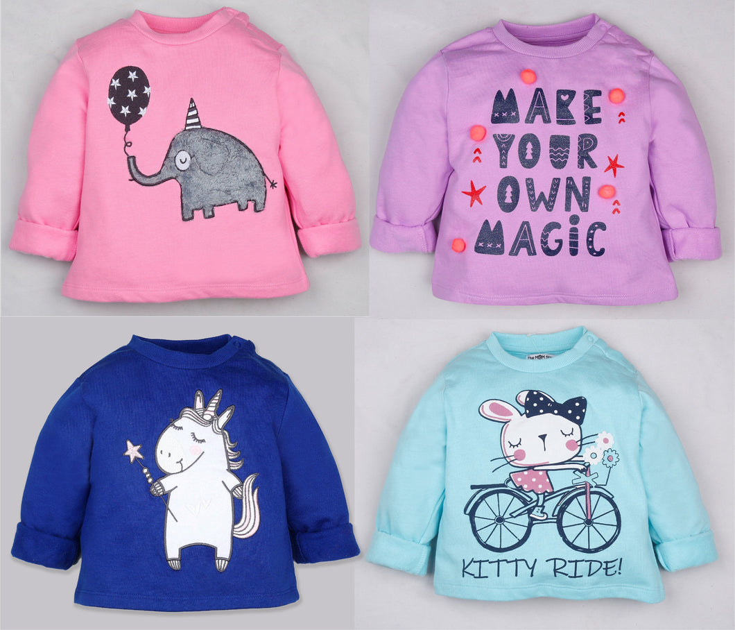 Fleeced Lined Winter Sweatshirt Combo - Elephant, Kitty, Pom Pom and Unicorn