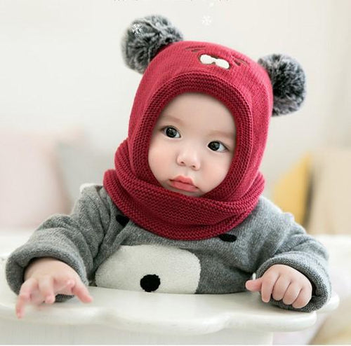 Pom Pom Baby Winter Cap With Muffler - Maroon