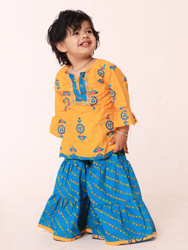 Yellow And Teal Kurta and Sharara Set