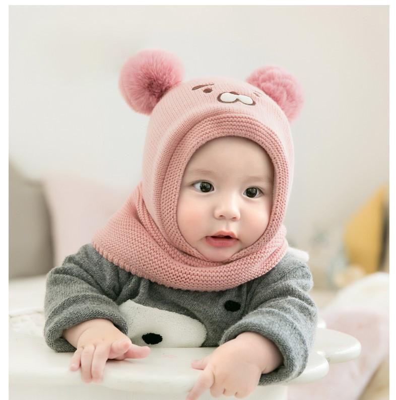 Copy of Pom Pom Baby Winter Cap With Muffler - Pink