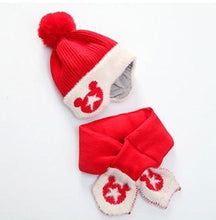 Load image into Gallery viewer, Mickey Woolen Baby Winter Cap With Muffler - Red