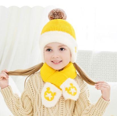 Mickey Woolen Baby Winter Cap With Muffler - Yellow
